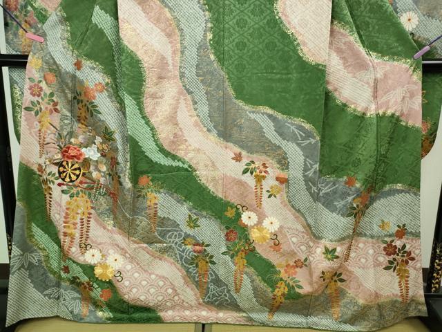 平和屋着物●極上　振袖　駒刺繍　絞り　花車　道長花文　金彩　逸品　DZAB2987kh6_3