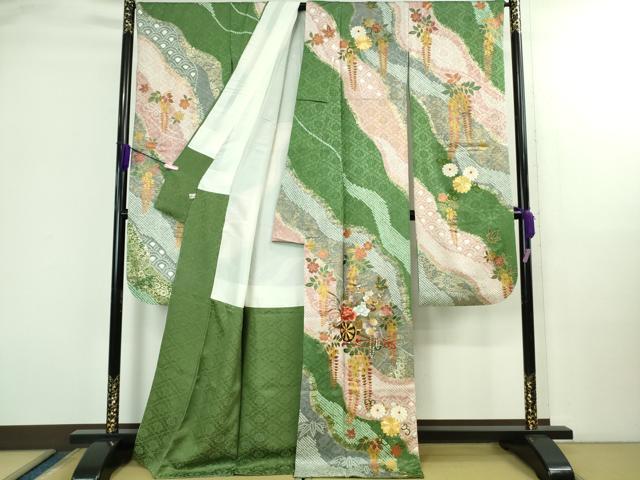 平和屋着物●極上　振袖　駒刺繍　絞り　花車　道長花文　金彩　逸品　DZAB2987kh6_1