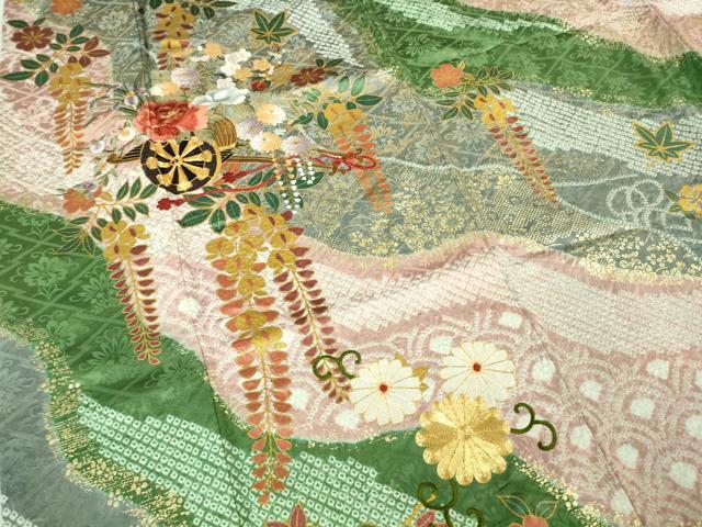 平和屋着物●極上　振袖　駒刺繍　絞り　花車　道長花文　金彩　逸品　DZAB2987kh6_4