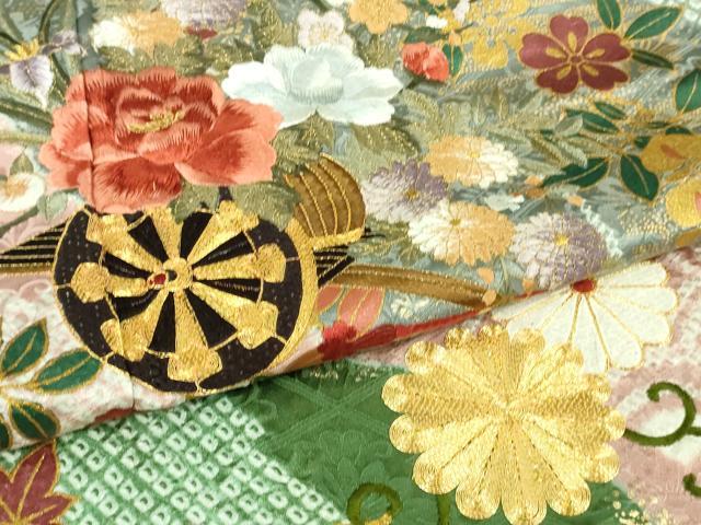 平和屋着物●極上　振袖　駒刺繍　絞り　花車　道長花文　金彩　逸品　DZAB2987kh6_6