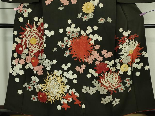 平和屋本店●極上　アンティーク　大正ロマン　訪問着　中国三大刺繍　相良刺繍　乱菊　黒地　金彩　逸品　DZAB3025kh6_3