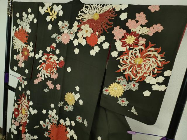 平和屋本店●極上　アンティーク　大正ロマン　訪問着　中国三大刺繍　相良刺繍　乱菊　黒地　金彩　逸品　DZAB3025kh6_2