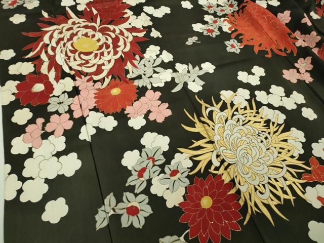 平和屋本店●極上　アンティーク　大正ロマン　訪問着　中国三大刺繍　相良刺繍　乱菊　黒地　金彩　逸品　DZAB3025kh6_4