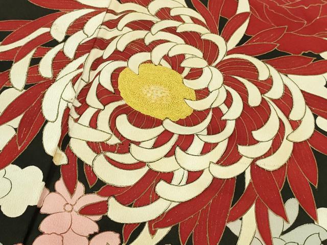 平和屋本店●極上　アンティーク　大正ロマン　訪問着　中国三大刺繍　相良刺繍　乱菊　黒地　金彩　逸品　DZAB3025kh6_5