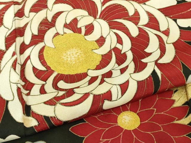 平和屋本店●極上　アンティーク　大正ロマン　訪問着　中国三大刺繍　相良刺繍　乱菊　黒地　金彩　逸品　DZAB3025kh6_6