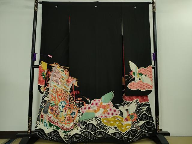 平和屋本店●極上　アンティーク　大正ロマン　振袖　駒刺繍　宝船　立波飛鶴文　黒地　金彩　逸品　DZAB3027kh6