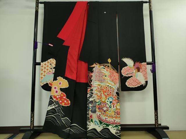平和屋本店○極上 アンティーク 大正ロマン 振袖 駒刺繍 宝船 立波飛鶴文