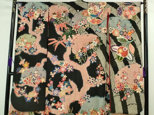 平和屋本店●極上　アンティーク　大正ロマン　お引きずり・お引き摺り　引き振袖　駒刺繍　鳳凰吉祥花文　黒地　金彩　逸品　DZAB3032kh6_2