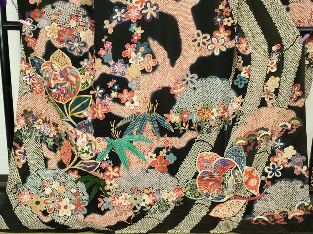 平和屋本店●極上　アンティーク　大正ロマン　お引きずり・お引き摺り　引き振袖　駒刺繍　鳳凰吉祥花文　黒地　金彩　逸品　DZAB3032kh6_3