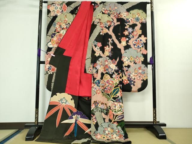 平和屋本店●極上　アンティーク　大正ロマン　お引きずり・お引き摺り　引き振袖　駒刺繍　鳳凰吉祥花文　黒地　金彩　逸品　DZAB3032kh6_1