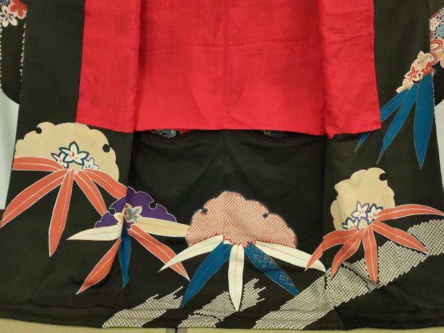 平和屋本店●極上　アンティーク　大正ロマン　お引きずり・お引き摺り　引き振袖　駒刺繍　鳳凰吉祥花文　黒地　金彩　逸品　DZAB3032kh6_4