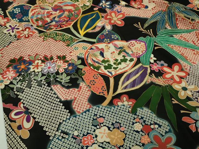 平和屋本店●極上　アンティーク　大正ロマン　お引きずり・お引き摺り　引き振袖　駒刺繍　鳳凰吉祥花文　黒地　金彩　逸品　DZAB3032kh6_5