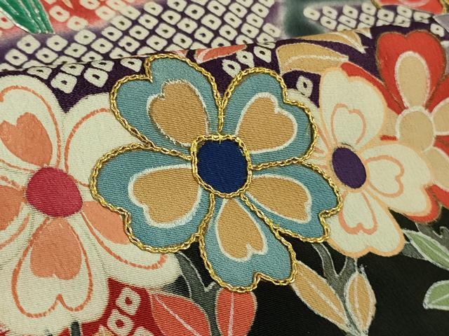 平和屋本店●極上　アンティーク　大正ロマン　お引きずり・お引き摺り　引き振袖　駒刺繍　鳳凰吉祥花文　黒地　金彩　逸品　DZAB3032kh6_7
