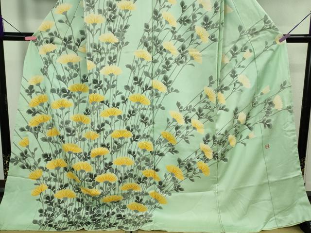 平和屋本店●極上　京友禅作家　山田雅子　訪問着　菊　白緑色地　仮絵羽　逸品　DZAB3066kh6