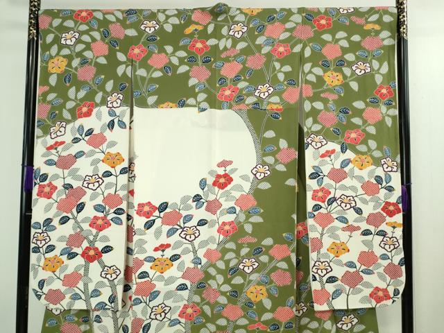 平和屋本店●極上　和染紅型　栗山紅型　栗山吉三郎　振袖　椿　鬼しぼ縮緬　逸品　DZAB3072kh6_2
