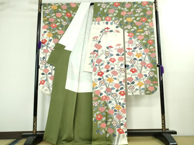 平和屋本店●極上　和染紅型　栗山紅型　栗山吉三郎　振袖　椿　鬼しぼ縮緬　逸品　DZAB3072kh6_1