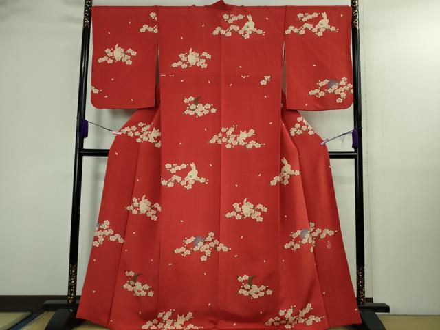 平和屋本店●極上　人形作家・ホリヒロシ　付下げ　花兎　うさぎ　深緋色地　鬼しぼ縮緬　逸品　DZAB3081kh6_1