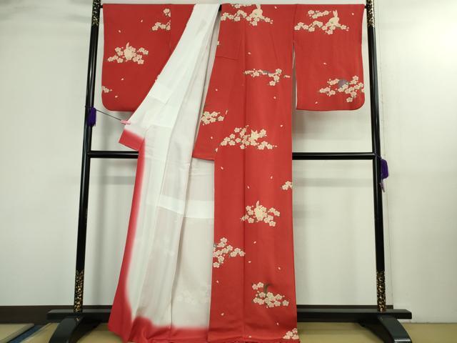 平和屋本店●極上　人形作家・ホリヒロシ　付下げ　花兎　うさぎ　深緋色地　鬼しぼ縮緬　逸品　DZAB3081kh6_2
