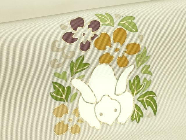 平和屋本店●極上　銀座　志ま亀　塩瀬　九寸名古屋帯　花兎　砂色地　金彩　カバー付き　逸品　DZAB3160kh6_2