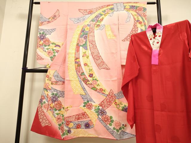 平和屋本店∵極上　女の子　十三参り　子供　祝着・襦袢(半衿刺繍)セット　駒刺繍　束ね熨斗　吉祥花松文　暈し染め　逸品　DZAB3232kh6