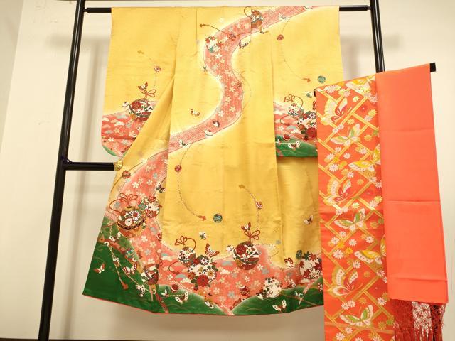 平和屋本店∵極上　女の子　十三参り　子供　祝着・袋帯・しごきセット　駒刺繍　舞蝶鈴花文　暈し染め　金彩　逸品　DZAB3241kh6