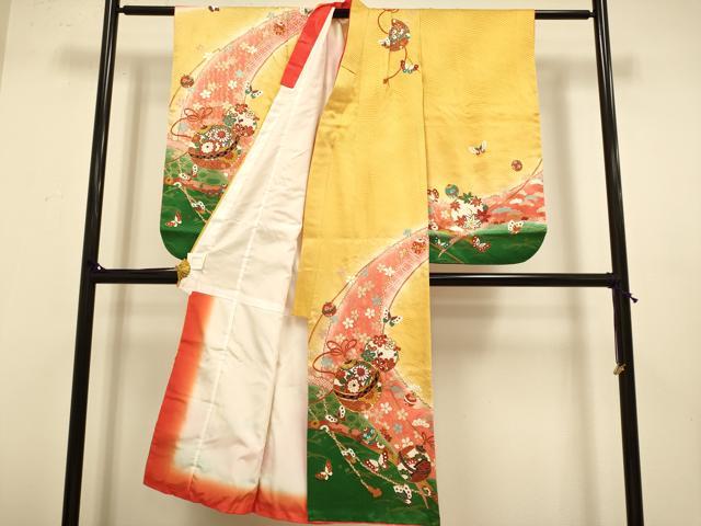 平和屋本店∵極上　女の子　十三参り　子供　祝着・袋帯・しごきセット　駒刺繍　舞蝶鈴花文　暈し染め　金彩　逸品　DZAB3241kh6_1