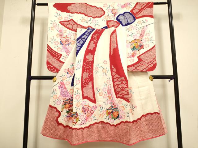 平和屋本店[]極上　七五三　女の子　７歳　祝着　四つ身　絞り　束ね熨斗糸車花文　逸品　DZAB3246kh6
