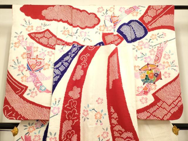 平和屋本店[]極上　七五三　女の子　７歳　祝着　四つ身　絞り　束ね熨斗糸車花文　逸品　DZAB3246kh6_2