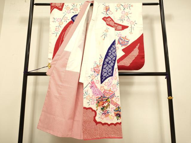 平和屋本店[]極上　七五三　女の子　７歳　祝着　四つ身　絞り　束ね熨斗糸車花文　逸品　DZAB3246kh6_1