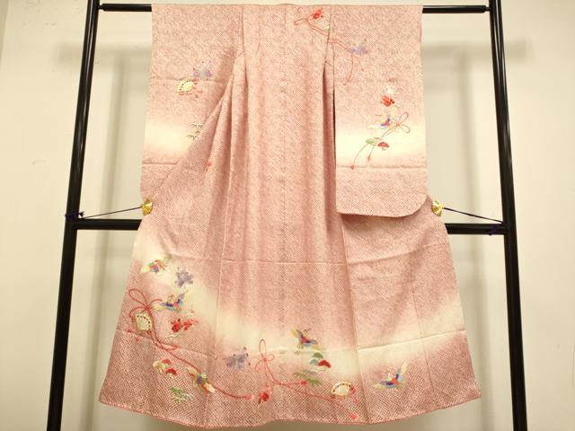 平和屋本店∵極上　女の子　十三参り　子供　祝着・襦袢セット　刺繍　絞り　檜扇飛鶴　松竹梅　暈し染め　金銀糸　逸品　DZAB3247kh6_1