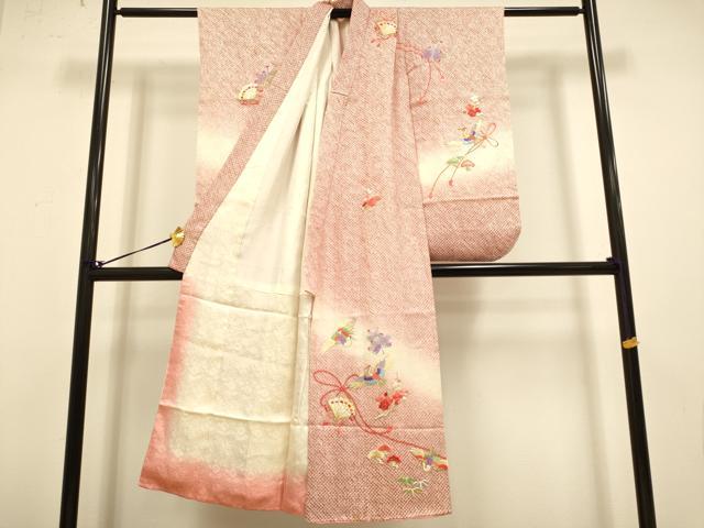 平和屋本店∵極上　女の子　十三参り　子供　祝着・襦袢セット　刺繍　絞り　檜扇飛鶴　松竹梅　暈し染め　金銀糸　逸品　DZAB3247kh6_2
