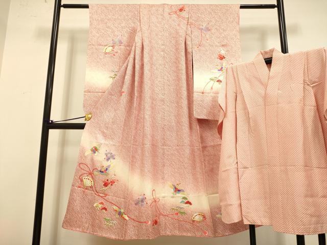 平和屋本店∵極上　女の子　十三参り　子供　祝着・襦袢セット　刺繍　絞り　檜扇飛鶴　松竹梅　暈し染め　金銀糸　逸品　DZAB3247kh6