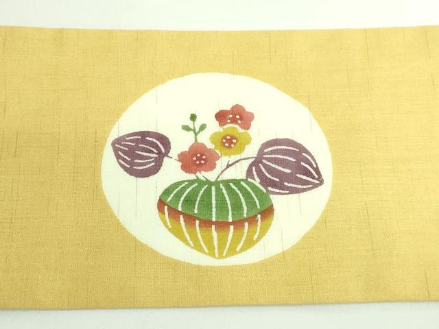 平和屋着物＊極上　夏物　青山みとも　九寸名古屋帯　花丸文　紅型　麻　黄色地　たとう紙付き　逸品　DZAB3350kh6_8