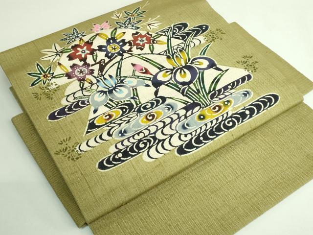 平和屋着物●極上　新 雅 紅型工房　つけ帯　野蚕紬地　山桜に菖蒲　根岸色地　証紙付き　逸品　DZAB3362kh6 平和屋着物○極上 新 雅 紅型工房 つけ帯 野蚕紬地 山桜に菖蒲 根岸色