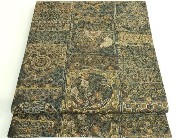 平和屋着物●九寸開き名古屋帯　本藍　型絵染　菊文　お召縮緬　正絹　逸品　DABD1268ps 平和屋着物○九寸名古屋帯 型染め 椿 鬼しぼ縮緬 正絹 逸品 CABD5894hy