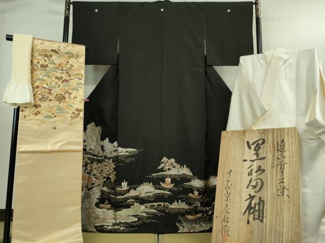 平和屋本店●極上 十七代京屋林蔵 黒留袖・長襦袢(無双仕立て)・袋帯・帯揚げセット 総刺繍 蘇州・相良刺繍 金糸 共箱付き 逸品DZAB3472kh6 平和屋本店○極上 十七代京屋林蔵 黒留袖・長襦袢(無双仕立て)・袋帯