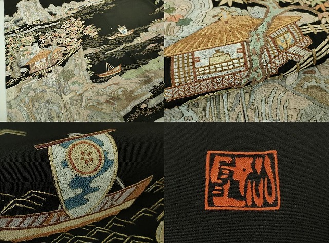 平和屋本店●極上 十七代京屋林蔵 黒留袖・長襦袢(無双仕立て)・袋帯・帯揚げセット 総刺繍 蘇州・相良刺繍 金糸 共箱付き 逸品DZAB3472kh6 平和屋本店○極上 十七代京屋林蔵 黒留袖・長襦袢(無双仕立て)・袋帯