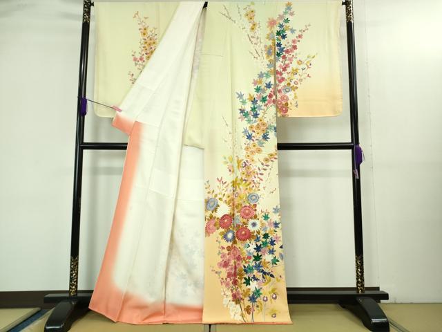 平和屋本店●極上　本加賀友禅作家　浅野冨治男　訪問着　草花文　女郎花色地　暈し染め　逸品　DZAB3501kh6_1