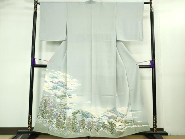 平和屋着物●極上　本加賀友禅作家　滝明博　訪問着　樹林山風景　淡藤色地　逸品　未使用　DZAB3519kh6