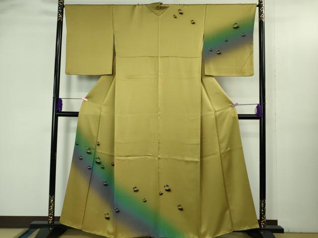 平和屋着物●極上　染色作家　青木龍雲　訪問着・袋帯セット　手描き　水滴　菜種油色地　金彩　逸品　DZAB3527kh6_1
