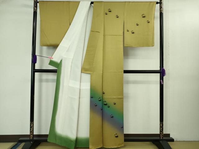平和屋着物●極上　染色作家　青木龍雲　訪問着・袋帯セット　手描き　水滴　菜種油色地　金彩　逸品　DZAB3527kh6_2