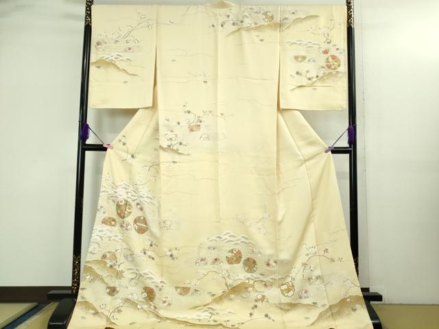 平和屋本店●極上　訪問着　駒刺繍　花丸吉祥立波文　鳥の子色地　金彩　ロング丈　逸品　DZAB3555kh6