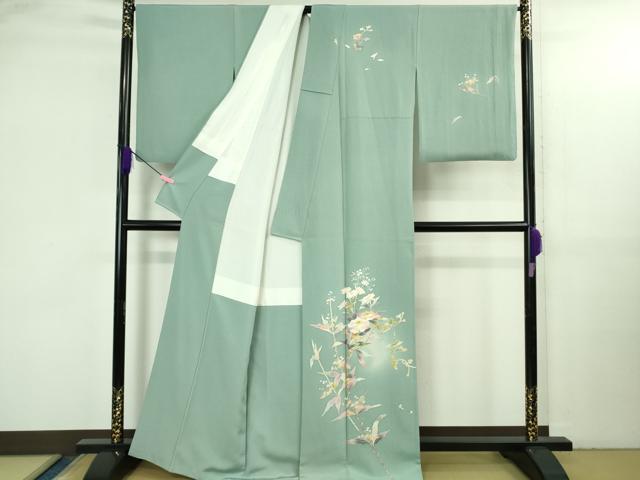 平和屋本店●極上　京加賀友禅　百貫石峰　訪問着　花篭文　暈し染め　千草色地　逸品　DZAB3566kh6_1