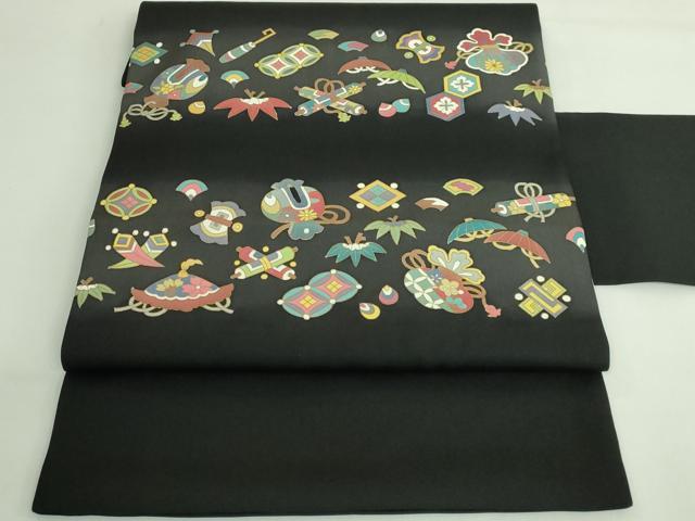 平和屋着物●極上　塩瀬　九寸名古屋帯　宝尽くし　黒地　金彩　逸品　DZAB3653kh6