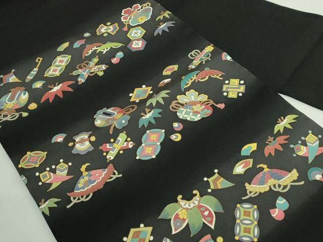 平和屋着物●極上　塩瀬　九寸名古屋帯　宝尽くし　黒地　金彩　逸品　DZAB3653kh6_1