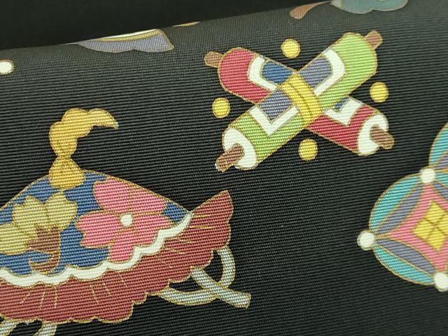 平和屋着物●極上　塩瀬　九寸名古屋帯　宝尽くし　黒地　金彩　逸品　DZAB3653kh6_5