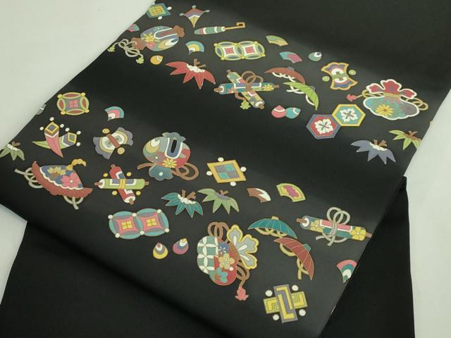 平和屋着物●極上　塩瀬　九寸名古屋帯　宝尽くし　黒地　金彩　逸品　DZAB3653kh6_7
