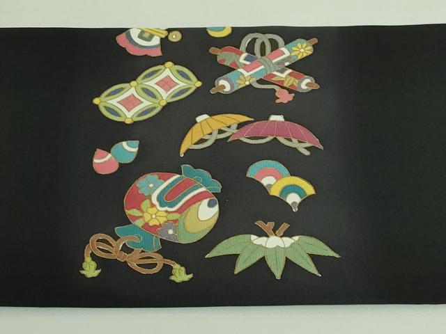 平和屋着物●極上　塩瀬　九寸名古屋帯　宝尽くし　黒地　金彩　逸品　DZAB3653kh6_8