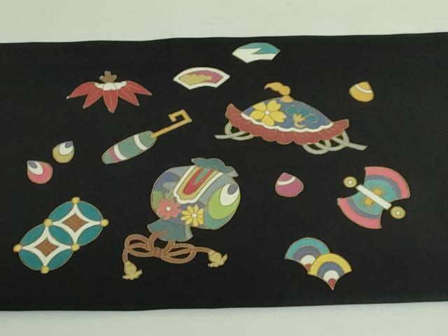 平和屋着物●極上　塩瀬　九寸名古屋帯　宝尽くし　黒地　金彩　逸品　DZAB3653kh6_9