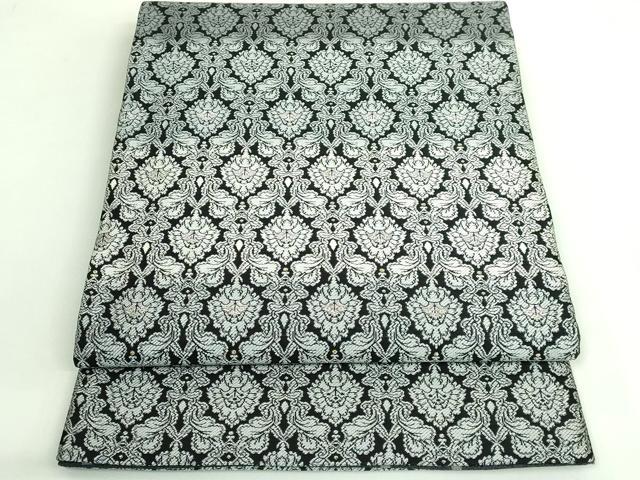 平和屋着物●極上　両面　全通柄袋帯　洋花文　黒地　金銀糸　逸品　DZAB3677kh6